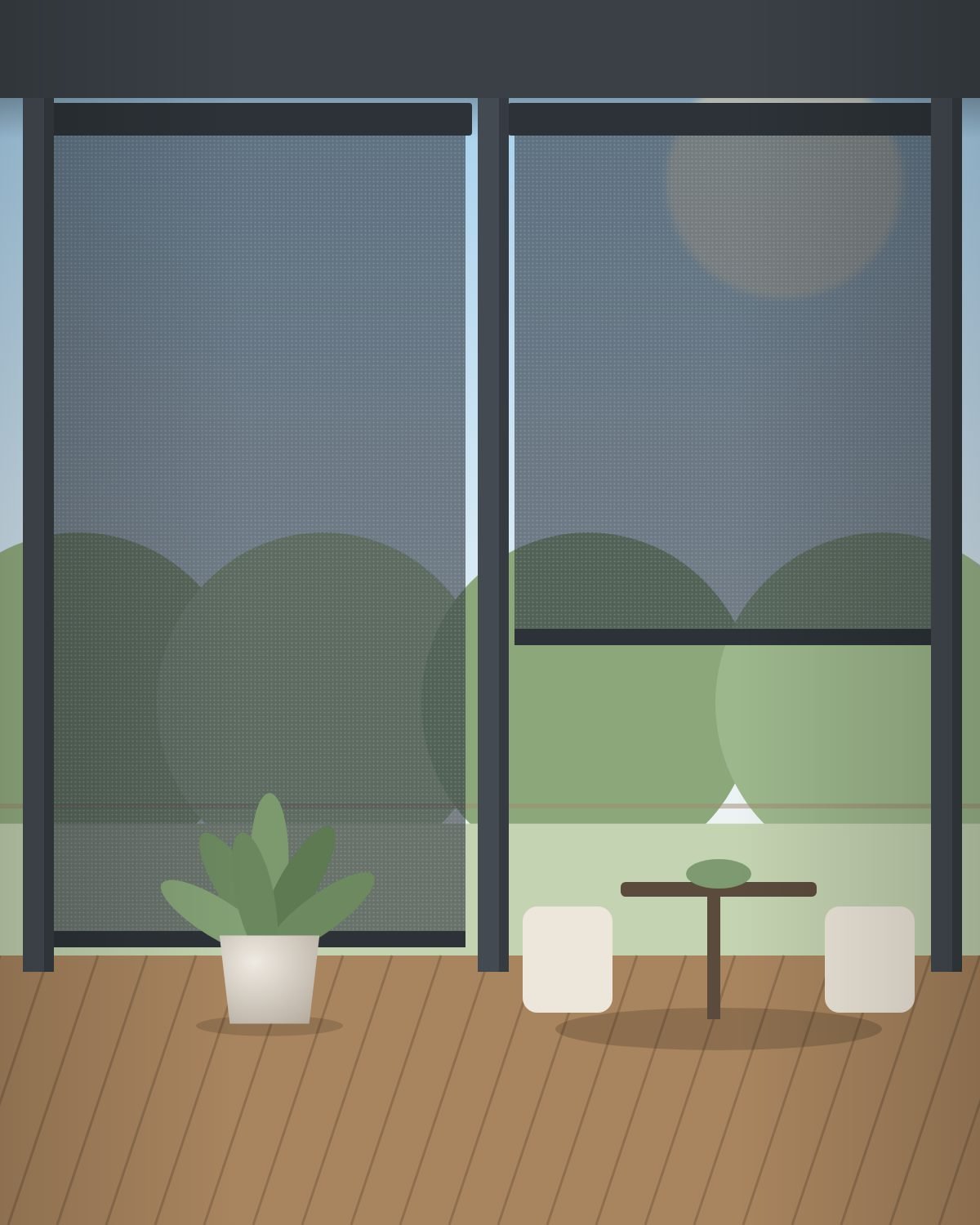 Design visual of charcoal mesh outdoor blinds on a patio