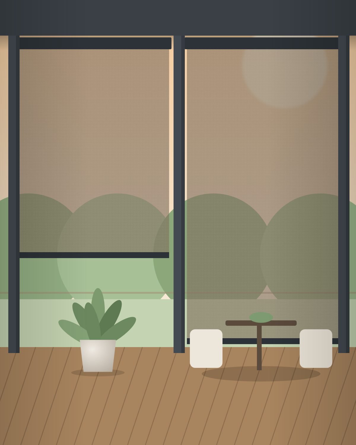 Design visual of bronze outdoor blinds at sunset