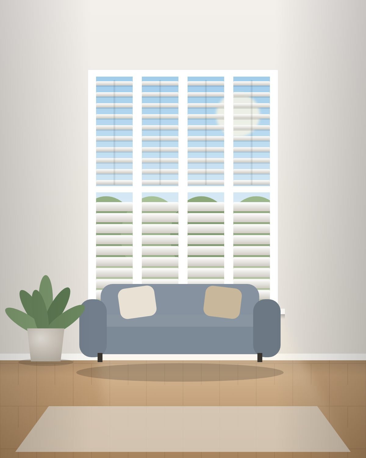 Design visual of white plantation shutters in a living room