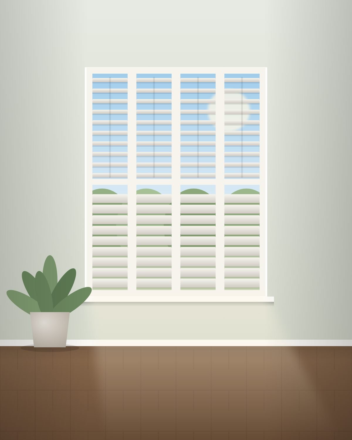 Design visual of plantation shutters with tilted louvres
