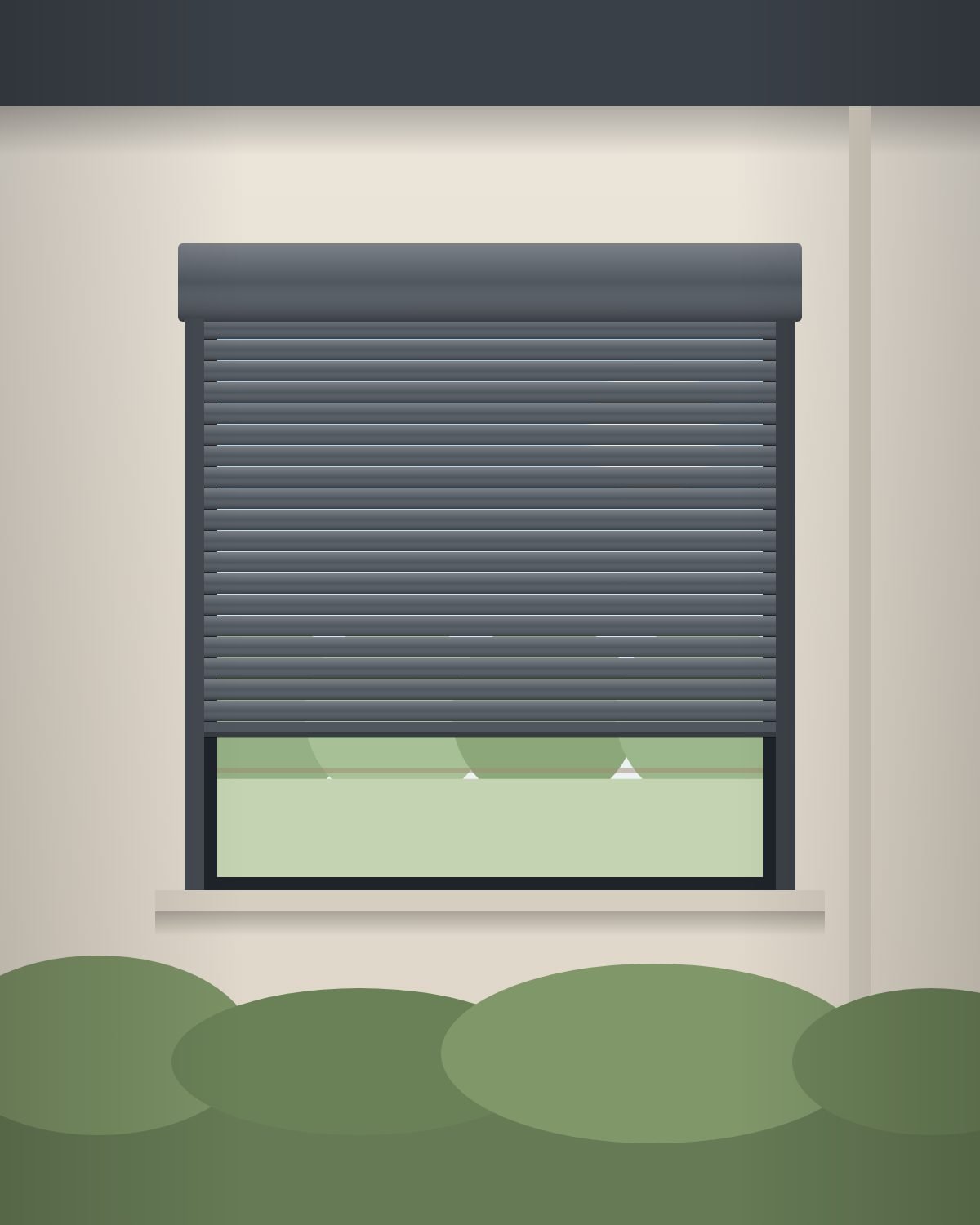 Design visual of a charcoal aluminium roller shutter on a rendered home