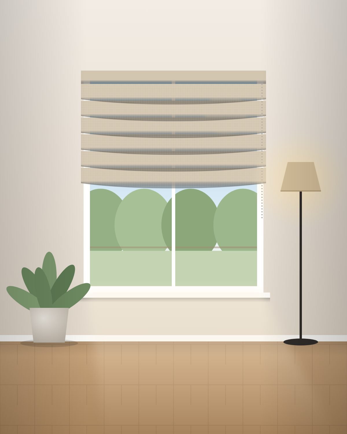 Design visual of an oatmeal Roman blind raised in soft folds